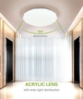 Lit 20 Inch LED Flush Mount Ceiling Light Fixture in Modern White Finish with 120-degree Beam Angle, Hallway View