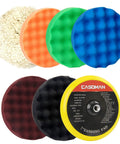 7 Inch Buffing And Polishing Pad Kit With 7 Pieces, sponge and wool pads in various colors for car detailing, with backing plate visible