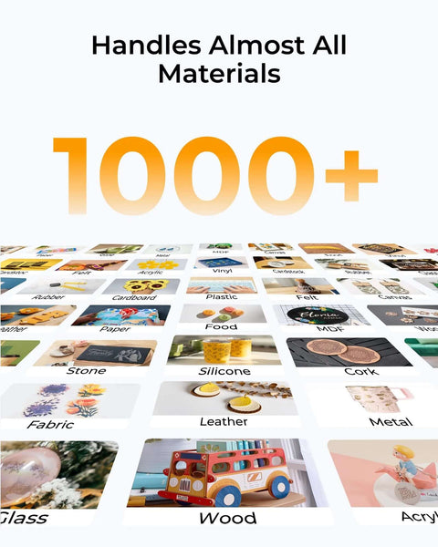 xTool M1 Ultra laser engraver banner showing 1000+ materials and a grid of material tiles