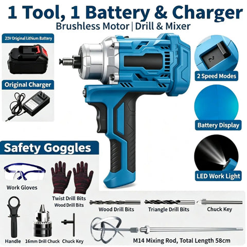 Cordless Drill And Cement Mixer With 2 Speed Torque Control Plus 180 Degree Swivel Handle For Mortar Grout And Wood Drilling Built Like A Tank To Crush Heavy Mixes With Zero Sweat featuring charger and battery.