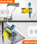 Smiley Face Sponge Holder With Two Suction Cups And One Adhesive Strip A 3 In 1 Sink Organizer for sponge, soap, brush in use on wall and sink
