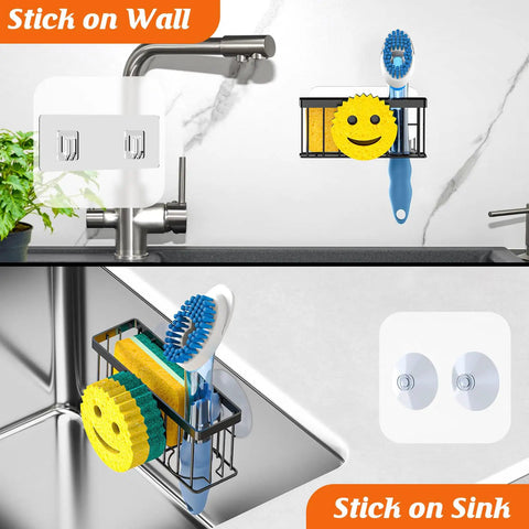 Smiley Face Sponge Holder With Two Suction Cups And One Adhesive Strip A 3 In 1 Sink Organizer for sponge, soap, brush in use on wall and sink