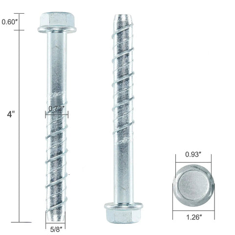 Tough As Nails Heavy Duty Hex Head Concrete Anchor Bolts Five Eighths By Four Inch Zinc Plated Carbon Steel Screw Pack for Masonry Brick Wall Mounting Solid Grip Hardware Kit, showing dimensions.