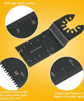 Oscillating tool blade, black HCS wood blade with quick-release adapter and metric scale markings.