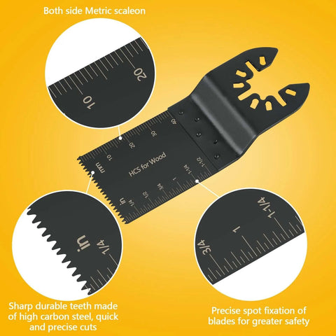Oscillating tool blade, black HCS wood blade with quick-release adapter and metric scale markings.