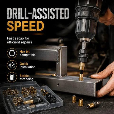 Premium Carbon Steel Rivet Nut Set With Heavy Duty Head Tool For M3 To M8 Sizes Featuring Compact Carry Case Perfect For Garage Fixes And Diy Projects That Get The Job Done Fast, drill-assisted threading on steel