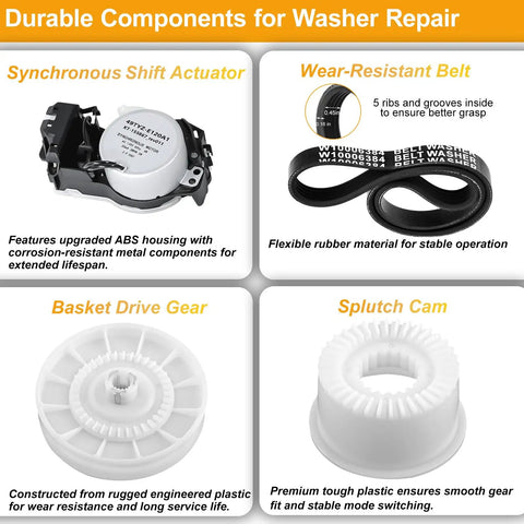Washer Drive System Repair Kit With Shift Actuator W10913953 And Splutch Pulley Cam W10721967 Plus Drive Belt W10006384 For Whirlpool Maytag Kenmore Top Load Washers That Gets Your Agitation And Spin Back On Track, shown with actuator, belt, gear and cam
