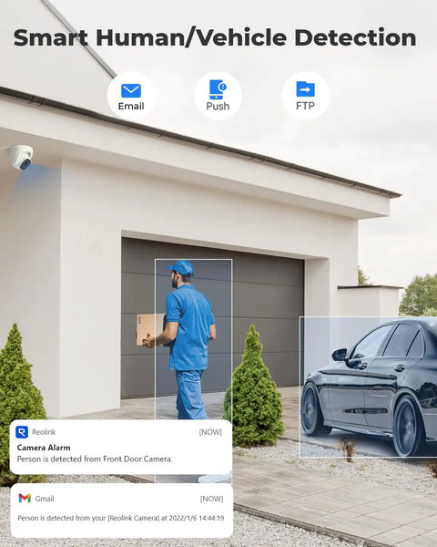 Delivery person detected by 4K PoE Outdoor Security Camera System With Dome Cameras, On-Device Human And Vehicle Detection, Model RLC-820A