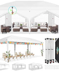 10x20 Ft Pop Up Canopy Tent With Removable Sidewalls For Parties And Events, shown with setup and accessories, large white outdoor shelter