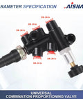 Universal Adjustable Knob Proportioning Valve Kit For Brake Lines With Master Cylinder Adapter showing 3/8 inch flare ports.