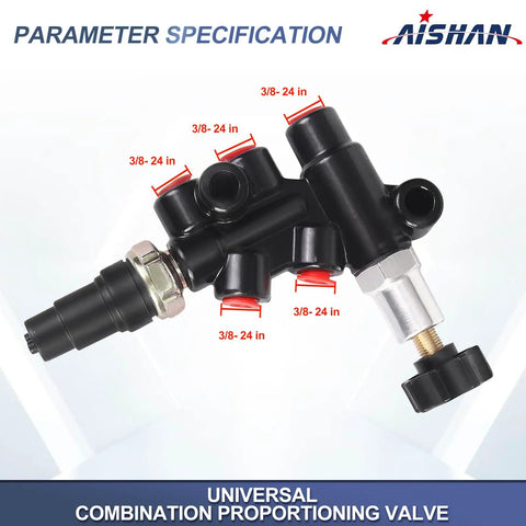 Universal Adjustable Knob Proportioning Valve Kit For Brake Lines With Master Cylinder Adapter showing 3/8 inch flare ports.