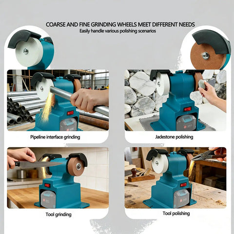 Banapoy 200W Cordless Mini Bench Grinder with 7000Rpm Buffer Polisher showing various grinding wheel uses like metal and tool polishing.
