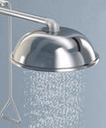 Stainless steel shower head of Emergency Eyewash Station With Shower Kit Built For Real-World Safety, water flowing down.