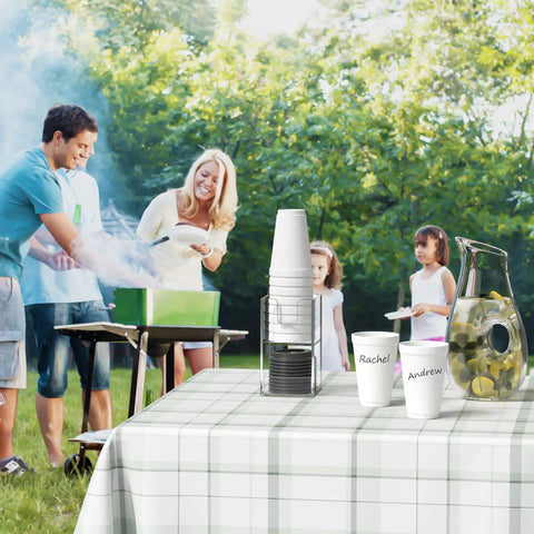 Outdoor barbecue with family using Two Tier Upright Cup And Condiment Organizer, clear acrylic dispenser on picnic table.