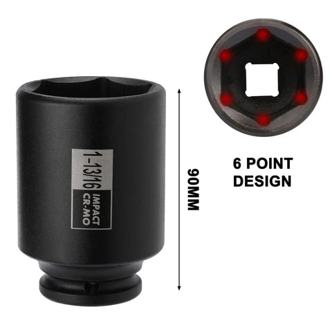 Beefy 4 Piece 1/2 Inch Drive Deep Impact Socket Set 6 Point CR-MO Chrome Moly Shows 1-13/16 Inch Socket with Laser Size Marking