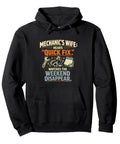 Mechanics Wife Quick Fix Weekend Project Pullover Hoodie Featuring Wrench And Piston Graphics Classic Fit Cozy Sweatshirt front view.