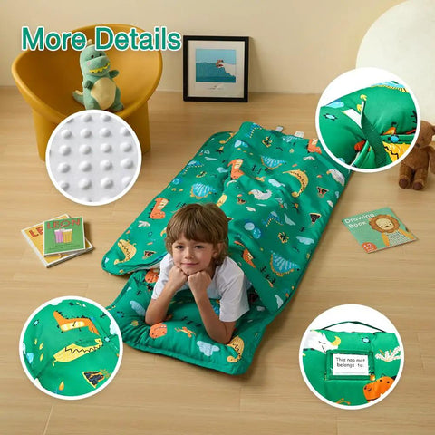 Child using Rollup Toddler Nap Mat With Removable Pillow And Minky Blanket Dinosaur Themed Sleeping Bag For Daycare Preschool Travel