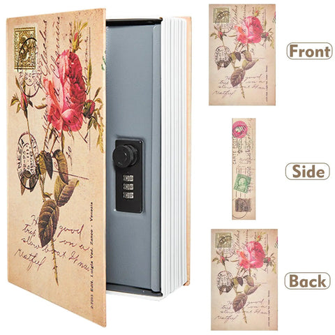 Hidden Book Safe With Combination Lock Vintage Faux Book Safe for Decoration and Secret Storage, showing front, side, back views