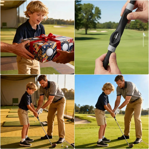 Child holding gift, close-up of Right Hand Golf Grip Trainer For Proper Grip Position, father teaching son golf on range.