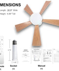 Small Ceiling Fan With Light And Remote 20.5 Inch 2 In 1 Fixture, E26 E27 Base, shown with remote, socket, and manual.