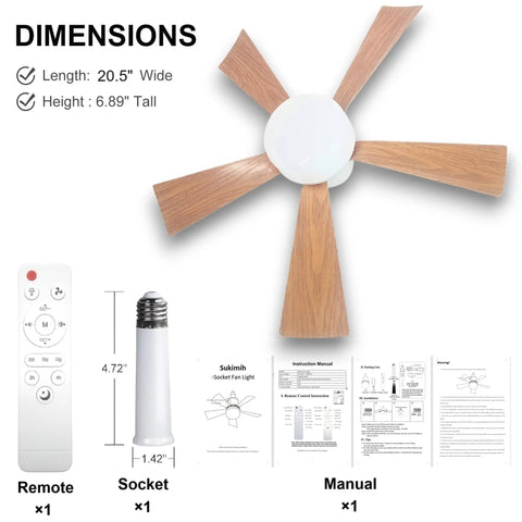 Small Ceiling Fan With Light And Remote 20.5 Inch 2 In 1 Fixture, E26 E27 Base, shown with remote, socket, and manual.