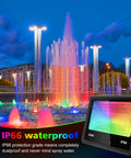 Dope 200W RGB LED Flood Light With Remote Control IP66 Waterproof Security Spotlight lighting up colorful fountains at night