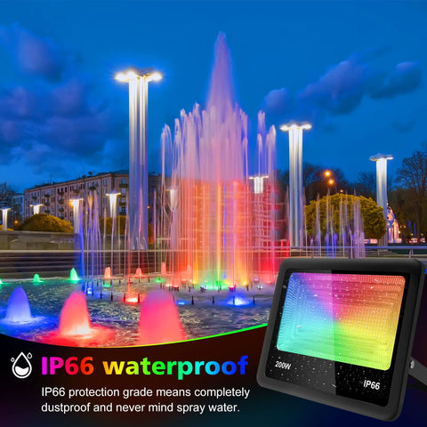 Dope 200W RGB LED Flood Light With Remote Control IP66 Waterproof Security Spotlight lighting up colorful fountains at night