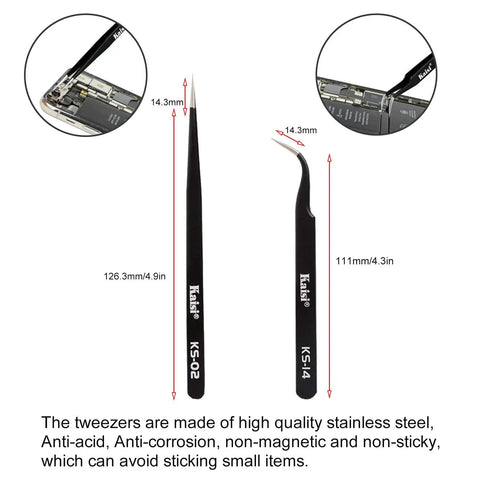 Two precision tweezers from 6 Piece Double Sided Soldering Aid Tool Set With 2 Precision Tweezers For Electronics Repair