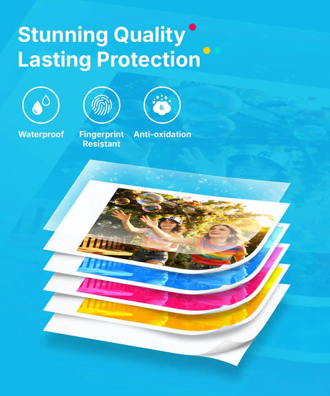 Portable AI Photo Printer For iPhone And Smartphone, Instant Mini Sticker Printer With Bluetooth showcasing layered dye sublimation prints with protective features.