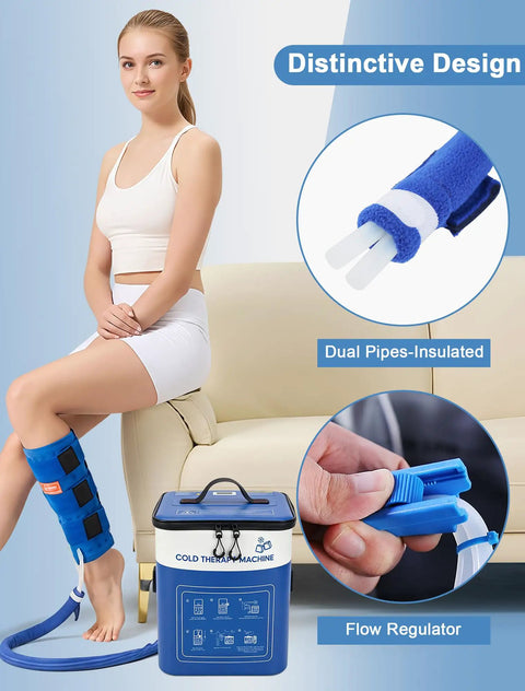 Portable Leg Cold Therapy System For Calf And Shin Recovery After Surgery with blue cold therapy machine and insulated dual pipes.