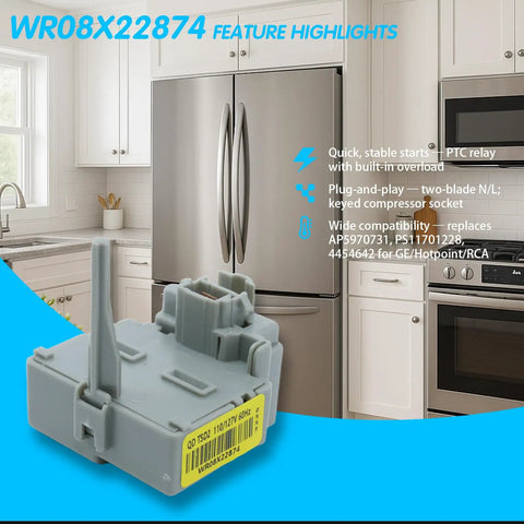 Drop In Refrigerator Relay And Overload Start Kit For GE Hotpoint RCA Kenmore Fridges Replaces AP5970731 4454642 PS11701228 Restores Compressor Start With Easy Install Keeping Your Food Cold in a kitchen setting