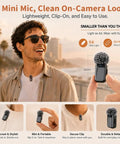 Man using Mini Wireless Lavalier Microphone With AI Noise Cancellation, Dual Channel, 328ft Range, 36H Battery Case