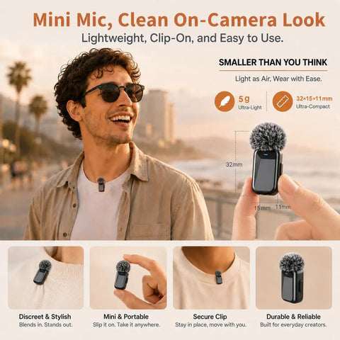 Man using Mini Wireless Lavalier Microphone With AI Noise Cancellation, Dual Channel, 328ft Range, 36H Battery Case