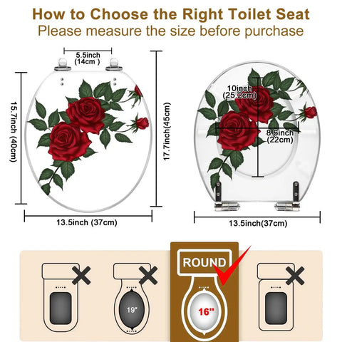 Round Resin Toilet Seat for Bathroom with rose design and dimensions 15.7" x 13.5" for accurate fitting.