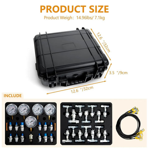 Rugged Beefed Up Hydraulic Pressure Test Kit in black case, includes five gauges, thirteen couplings, fourteen connectors, and hoses