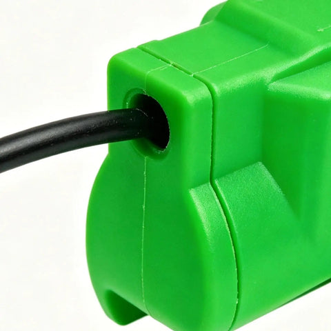 Close-up of green ergonomic welding touch button with anti-slip grip. Focus on cable connection for TIG torch welding in fab shops.