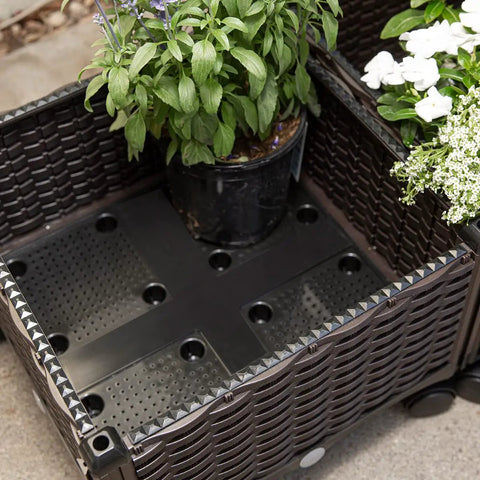 Close-up of Two Piece Rolling Garden Bed Kit With Self Watering Design In Brown Plastic Outdoor Elevated Planter Boxes On Wheels