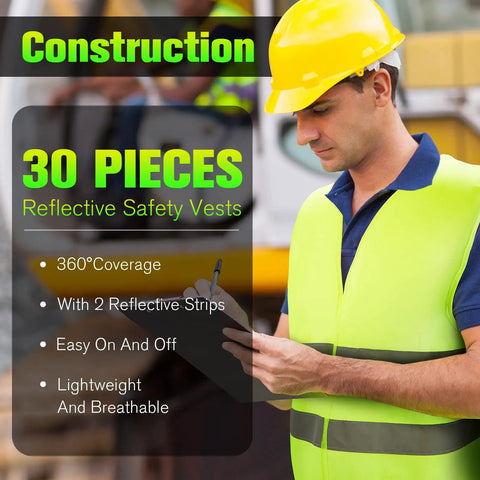 Man wearing yellow hard hat and high visibility reflective safety vest, 30 pieces bulk set description, 360-degree neon visibility mesh gear