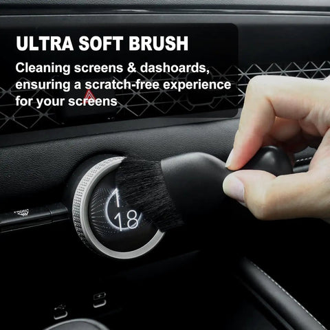 Ultra soft detail brush from 7 Piece Must Have Car Detailing Brush Kit with Boar Hair Bristles cleaning car dashboard screen