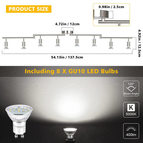 Diagram of Sleek LED Track Lighting Kit 54 Inch Matte Nickel 8 Way Ceiling Track Spotlight System with bulb illumination details.