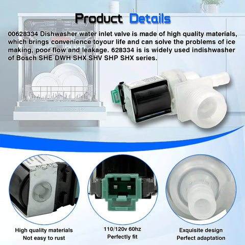 Dishwasher Water Inlet Valve Replacement For Bosch And Thermador OEM 10023852 plug and play fix shown installed and close-up