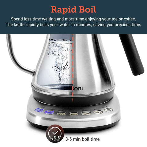 Cosori Gooseneck Electric Kettle 0.8 Liters Silver Precision Pour Over Coffee And Tea Maker With Keep Warm Feature For Barista Quality Brews Daily with rapid boil.