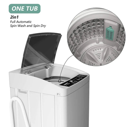 No Sweat Full Automatic Portable Washing Machine With Smart Drain Pump And Auto Water Control Compact Laundry Washer showing top view and control panel.