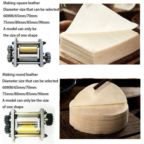 Automatic Dumpling Skin Maker 140W Electric Dough Processor With Slick Waterproof Housing For Zero Mess And Knockout Round Wrappers, showcasing square and round dough sheets.