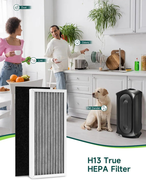 Compatible With Hamilton Beach Air Purifier 04383 04384 04385 Filter Replacement Kit with H13 True HEPA filter and dog in kitchen