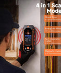 NOYAFA Stud Finder Wall Scanner showing 4 in 1 scan modes on display, used for detecting wood, metal, and wires.