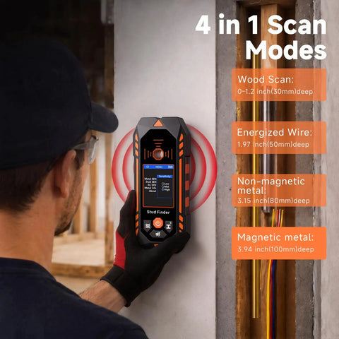 NOYAFA Stud Finder Wall Scanner showing 4 in 1 scan modes on display, used for detecting wood, metal, and wires.