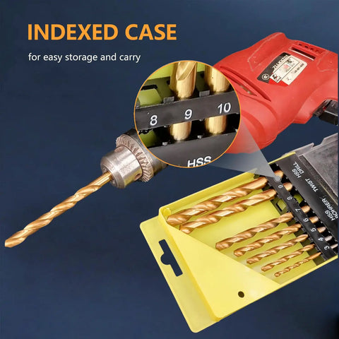 Top Shelf 8 Piece Metric HSS Drill Bit Set For Wood And Plastic With Heavy Duty Yellow Index Case, 3mm to 10mm drill bits displayed.