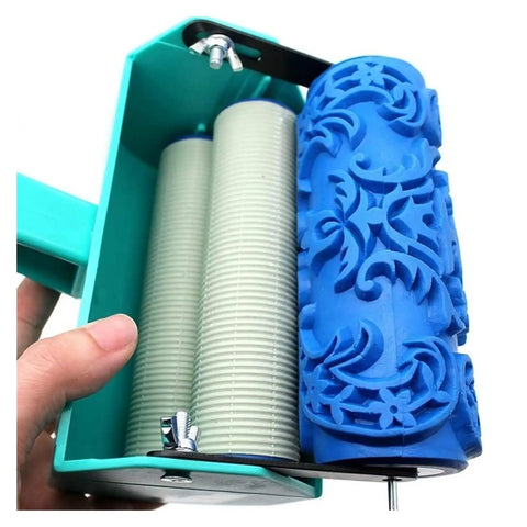 Top Tier 5 Inch Pattern Texture Paint Roller With Grippy Embossed Handle For Swift Diy Wall Murals And Slick Latex Coating That Covers Imperfections Like A Badass Champion in hand with detailed blue roller.