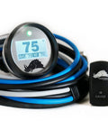 Front view of Razorback IR belt temperature gauge with display reading 75°F, blue/black cables and sensor module